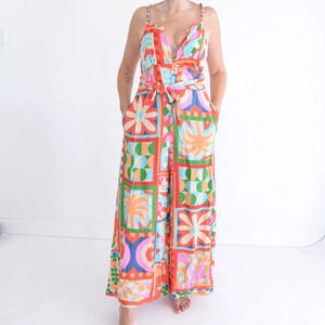 Anthropologie Farm Rio Cutout Halter Jumpsuit Red Floral Boho S